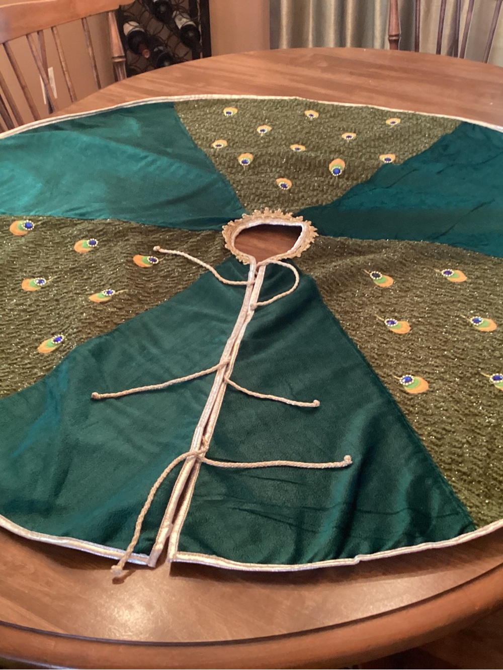 Green Peacock Embroidered Tree Skirt with Gold Trim